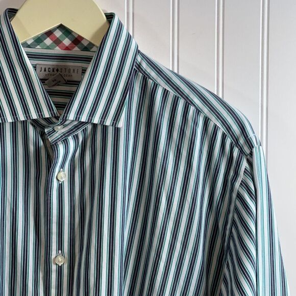 Jack Stone Button Down Shirt Men XLarge White And Green DressShirt Contrast Cuff - Picture 2 of 10